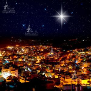 tło do szopki bożonarodzeniowej z motywami Betlejem, aniołów i gwiazd — elegancka, trwała dekoracja podkreślająca duchowy wymiar Świąt.