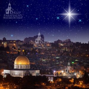 tło do szopki bożonarodzeniowej z motywami Betlejem, aniołów i gwiazd — elegancka, trwała dekoracja podkreślająca duchowy wymiar Świąt.