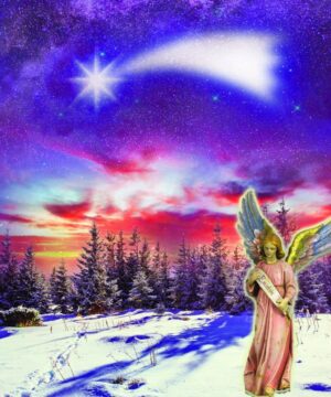 Eleganckie tło do szopki z motywami Betlejem, aniołów i gwiazd — idealne do podkreślenia duchowego wymiaru Świąt.