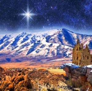 tło do szopki bożonarodzeniowej, dekoracja szopki z motywami Betlejem, anioły i gwiazdy, baner kościelny trwały i personalizowany, dekoracje świąteczne parafia"