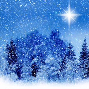 Eleganckie, personalizowane tło do szopki z motywami Betlejem, aniołów i gwiazd, które podkreśla duchowy charakter Bożego Narodzenia.