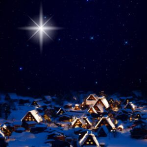 Eleganckie tło do szopki z motywami Betlejem, aniołów i gwiazd — idealne do podkreślenia duchowego wymiaru Świąt.