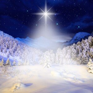 Tło do szopki bożonarodzeniowej z motywami Betlejem, aniołów i gwiazd — elegancka, trwała dekoracja podkreślająca duchowy wymiar Świąt.