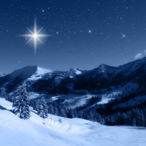 Tło do szopki bożonarodzeniowej z motywami Betlejem, aniołów i gwiazd — elegancki, trwały baner podkreślający duchowy charakter Świąt i tworzący ciepłą, uroczystą atmosferę podczas jasełek i mszy.