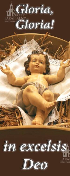 Baner na Boże Narodzenie, ozdoba świąteczna, motywy religijne, grafika, wysokiej jakości materiał, idealny do kościoła i świątecznych uroczystości.