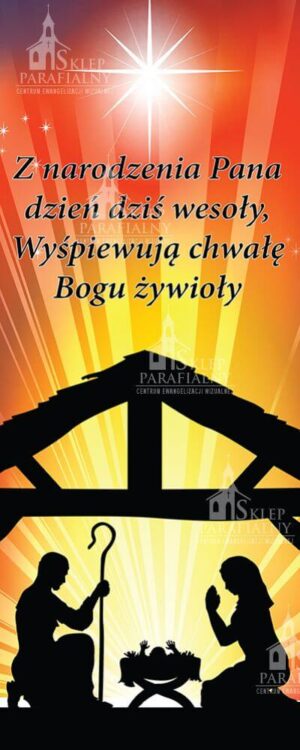 Baner na Boże Narodzenie, ozdoba świąteczna, motywy religijne, grafika, wysokiej jakości materiał, idealny do kościoła i świątecznych uroczystości.