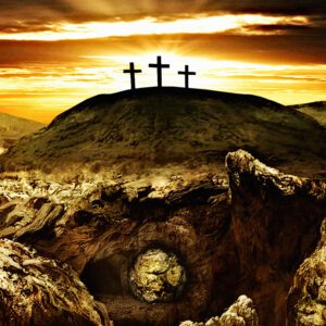 Tło do Grobu Pańskiego - realistyczna grafika z Golgotą, trzema krzyżami i otwartym grobem w skale.