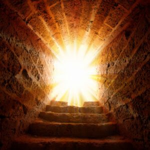 • Tło do Grobu Pańskiego przedstawiające kamienny grobowiec w ogrodzie oliwnym o świcie