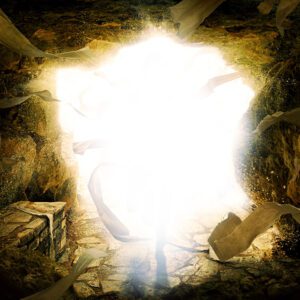 • Tło do Grobu Pańskiego z realistyczną teksturą skały i świetlistą poświatą wydobywającą się z wnętrza grobu