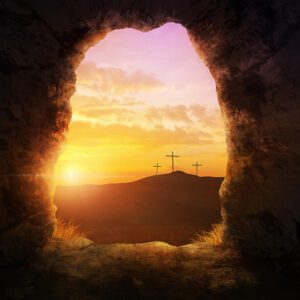 • Tło do Grobu Pańskiego prezentujące otwarte wejście do skalnego grobu i odsunięty ciężki głaz