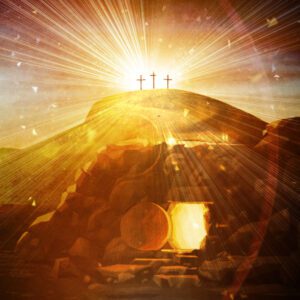 2. Tło do Grobu Pańskiego – sylwetki trzech krzyży w oddali, oświetlone złotą poświatą zachodzącego słońca