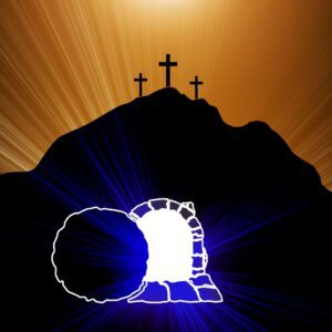 • Tło do Grobu Pańskiego – widok z wnętrza pustego grobu na trzy krzyże widoczne w oddali na wzgórzu.