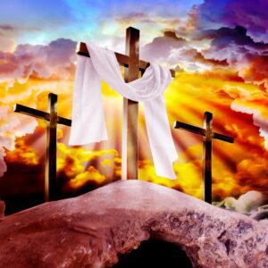 tło do grobu, purpurowe niebo , trzy krzyże, po środku z szatą białą