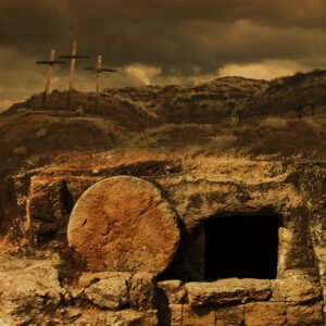 baner , pieczara, tło do grobu, wejście , odunięty kamień , trzy krzyże na wzgórzu