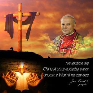 baner do grobu z janem pawłem 2, krzyż z fioletową tkaniną , piękne niebo