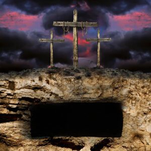 • Tło do Grobu Pańskiego prezentujące otwarte wejście do skalnego grobu i trzy krzyże u góry