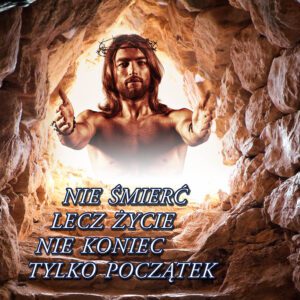 • Tło do Grobu Pańskiego prezentujące otwarte wejście do skalnego grobu i jezusa