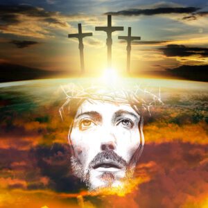 • Tło do Grobu Pańskiego z artystycznym, czarno-białym szkicem twarzy cierpiącego Jezusa w koronie cierniowej.