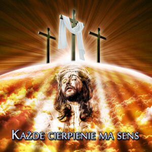 8. Tło do Grobu Pańskiego z trzema krzyżami, gdzie zza centralnego krzyża wyłaniają się jasne promienie zmartwychwstania.