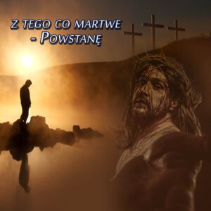 Tło do Grobu Pańskiego z motywem trzech krzyży na tle krwistoczerwonego nieba symbolizującego mękę Chrystusa.