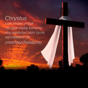 Tło do Grobu Pańskiego przedstawiające trzy krzyże na wzgórzu Golgoty podświetlone blaskiem słońca oraz wejście do grobu z odsuniętym kamieniem.