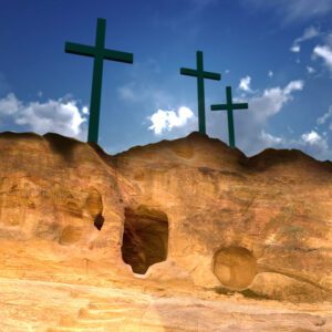 baner z trzema krzyżami , ze skałami , czarne krzyże, dekoracja wielkopostna