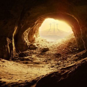 baner na triduum paschalne, jaskinia, trzy krzyże, skały, góry