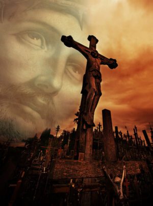 Tło do GRobu, Jezus na tle góry krzyży, Golgota , oblicze Jezusa