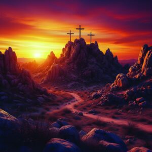 Tło do Grobu Pańskiego prezentujące trzy krzyże na skalistym wzgórzu, jaskrawe czerwono żółte tło