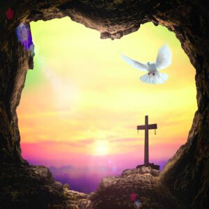 Tło do Grobu Pańskiego – widok z wnętrza pustego grobu krzyż widoczny z grobu