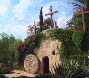 Tło do Grobu Pańskiego prezentujące trzy krzyże na skalistym wzgórzu, widziane z perspektywy wejścia do pustego grobu