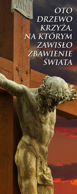 Baner na Wielki Post-Jezus ze spuszczoną głóą , hasło Zbawienie świata-dekoracja
