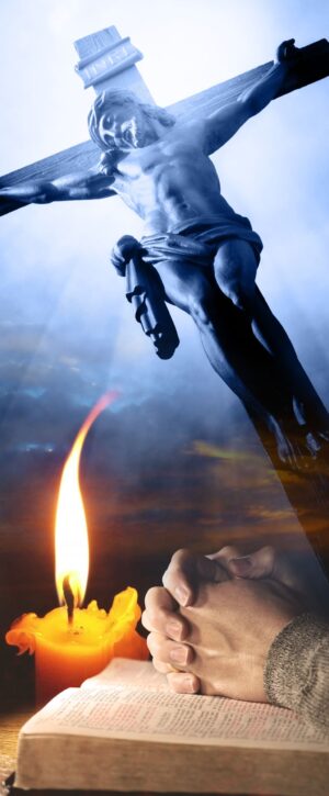 baner z jezusem na krzyżu , dekoracja wielki post, modlitwa, pismo święte, swieca