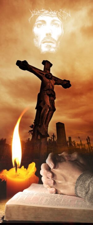 baner na wielki post z krzyżem , twarzą jezusa w chmurach , modlitwa , człowiek, świeca