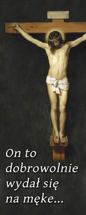 Baner z Jezusem na Krzyżu , dekoracja na Wielki Post, ciemne tło