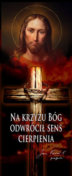 baner wielkopostny z postacia jezusa oraz krzyż z koroną cierniową , dekoracja wielkopostna