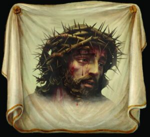 Chusta św Weroniki tkanina dekoracyjna wizerunek Jezusa na jasnym tle