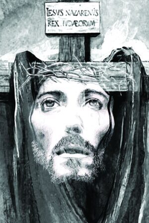 Chusta św Weroniki tkanina dekoracyjna wzór 11 czarno-biała Chrystus