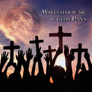 Tło do ciemnicy - baner wielkopostny W Krzyżu Cierpienie W Krzyżu Zbawienie, sylwetka Jezusa z krzyżem.