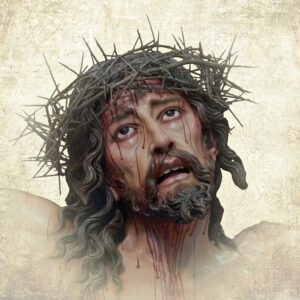 Tło do ciemnicy przedstawiające realistyczne Oblicze Jezusa w koronie cierniowej, detale bolesnego wizerunku Chrystusa, baner religijny na wymiar.