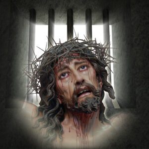 Tło do ciemnicy – Chrystus w koronie cierniowej za kratami więziennymi, baner na tkaninie na wymiar.