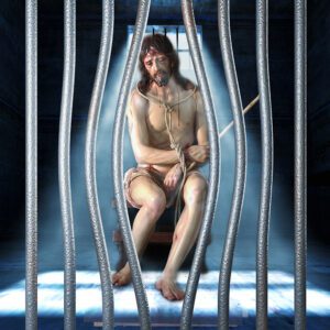 Tło do ciemnicy na tkaninie – Jezus związany sznurem w więziennej celi, postać Chrystusa za kratami, dekoracja na wymiar.