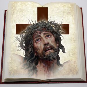 Tło do ciemnicy na tkaninie – Oblicze Chrystusa w koronie cierniowej na tle otwartej księgi Pisma Świętego i krzyża.