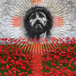 Tło do ciemnicy na tkaninie – Oblicze Chrystusa z promieniami na tle muru i pola czerwonych maków, dekoracja wielkopostna na wymiar.