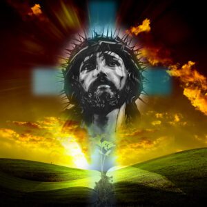 Tło do ciemnicy nr 22 – Oblicze Chrystusa nad otwartą księgą z kiełkującą rośliną, symbol zmartwychwstania i nadziei.