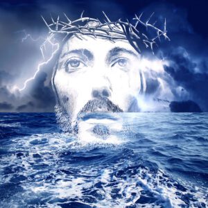 Tło do ciemnicy na wymiar nr 24 – artystyczne Oblicze Chrystusa wyłaniające się ze wzburzonego morza, motyw burzy i błyskawic.
