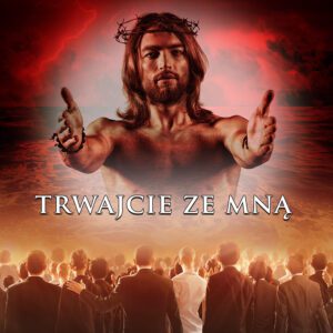 tło do ciemnicy baner 300x400 – Chrystus z otwartymi ramionami nad tłumem ludzi, napis Trwajcie ze mną, dekoracja wielkopostna.