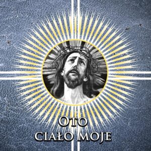 Tło do ciemnicy nr 28 – Monstrancja z wizerunkiem Chrystusa w koronie cierniowej na niebieskim, kamiennym tle, napis Oto Ciało Moje.