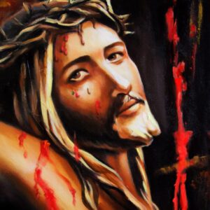 tło do ciemnicy 150x200 cm na banerze premium – wzór nr 29: Oblicze Chrystusa w koronie cierniowej na głębokim czerwonym tle z napisem „Czy rozumiecie co wam uczyniłem?”.