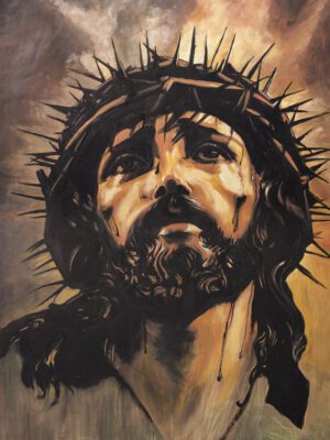 tło do ciemnicy nr 33 na tkaninie Dekor 150x200 cm – artystyczne, malarskie Oblicze Chrystusa w koronie cierniowej, nastrojowe odcienie brązu i ugru.